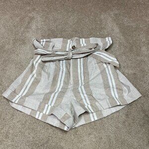 Express Shorts Tan White Striped Linen Blend Belted High Rise Women's Medium